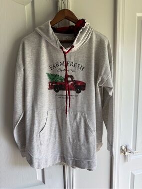Maurices Light Gray Christmas Hoodie with Red Truck Graphic